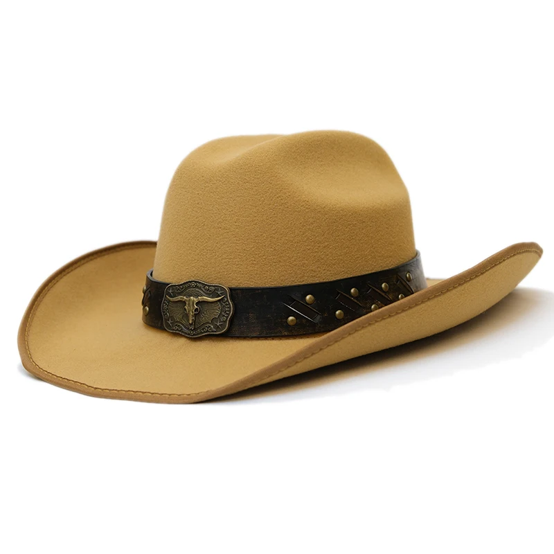 Retro Vintage Cow Head Leather Belt  Band  Autumn Winter Warm Women Men Felt  Yellowstone Cap Cowboy Hat 56-59cm Adjust