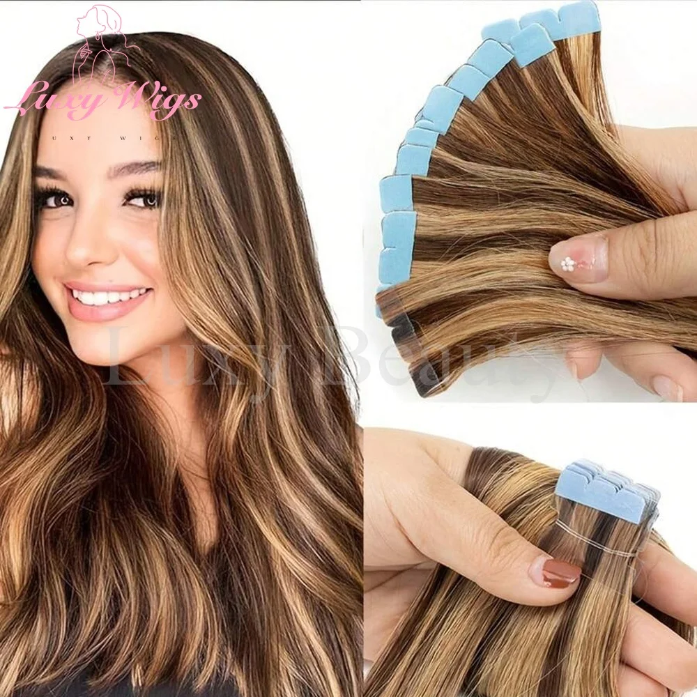 Highlights Brown Mini Tape in Human Hair Extensions Natural Black Blonde Double Side Invisible Seamless Mini Tape in Hair 10pcs