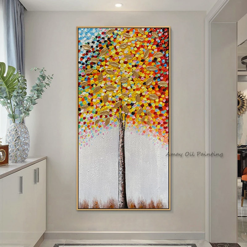 Handpainted Vertical Abstract Tree Oil Painting Thick Textured Gold Leaf Fortune Tree Wall Art Modern Entryway Home Decor