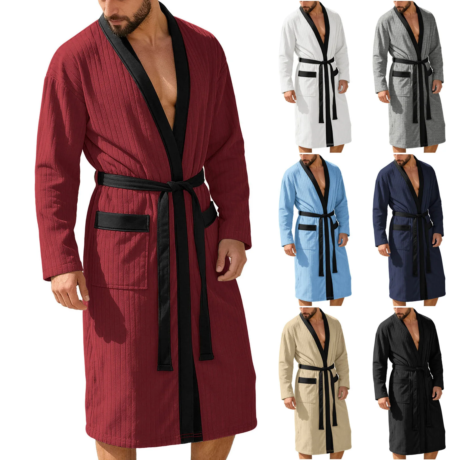 

Men'S Knit Plus Size Robe Summer Swim Pool Quick Drying Bathrobe With Belt Color Block Long Bathrobe Night Robe Male Loungewear