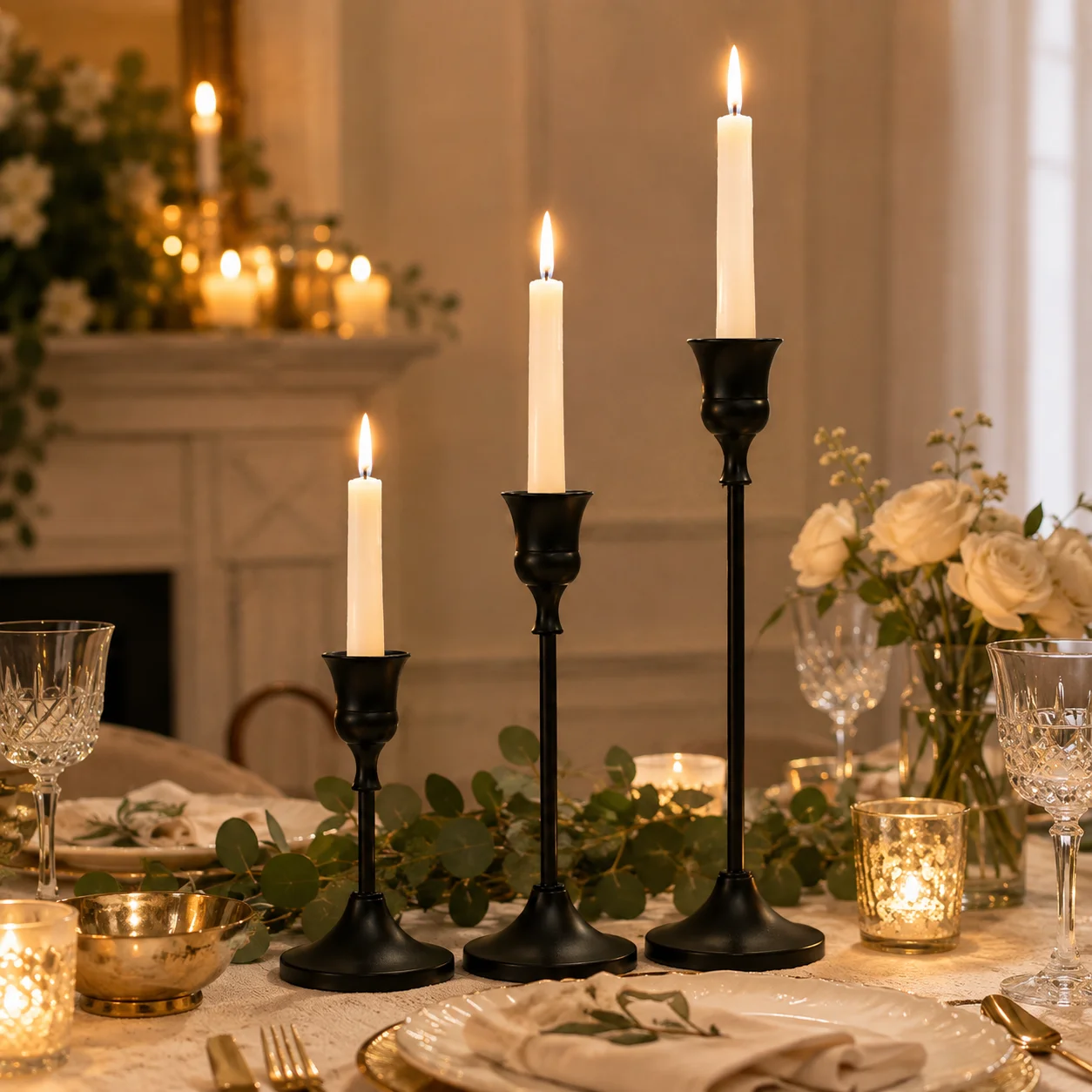 3PCS Vintage Metal Candle Holder Set Gold Silver Black Taper Candlestick Stand for Wedding Dining Table Home Decor