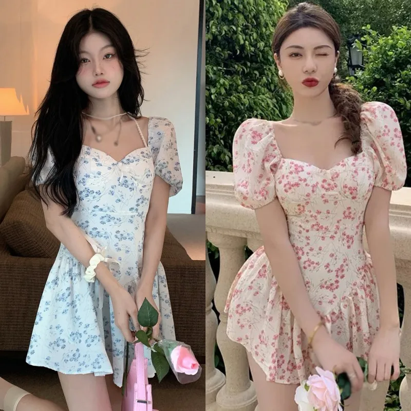 เดรสลายดอกไม้สำหรับผู้หญิงแขนพัฟปกสี่เหลี่ยมฝรั่งเศสแขนสั้นเปิด gaun bahu terbuka ออกเดตเสื้อผ้าเครื่องประดับฤดูร้อน