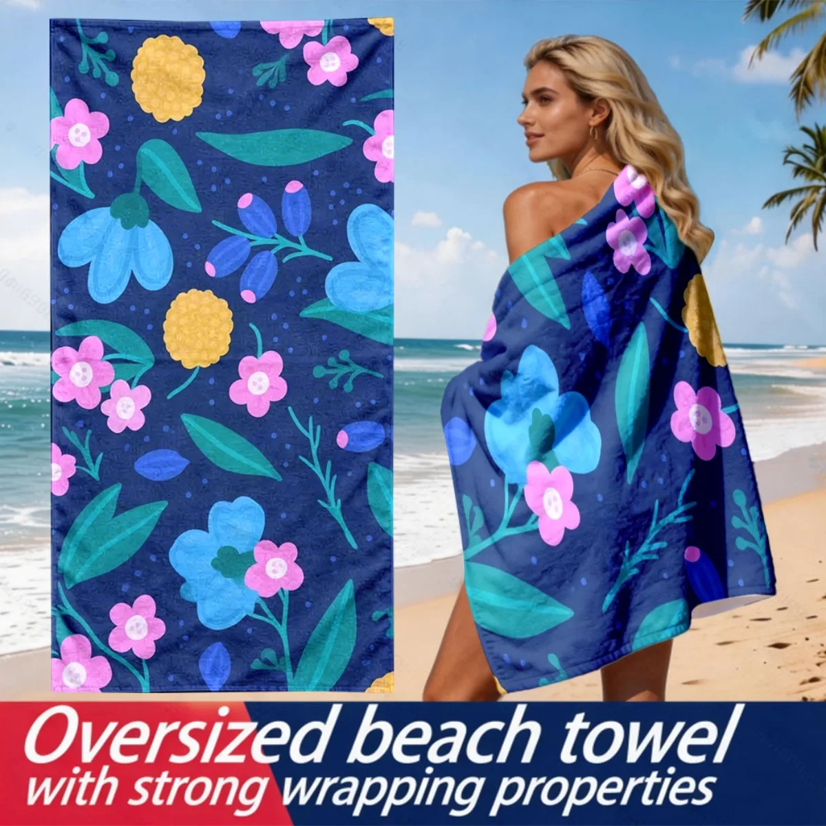 Blue floral berry theme polyester microfiber beach towel is highly absorbent, suitable for swimming and beach outings