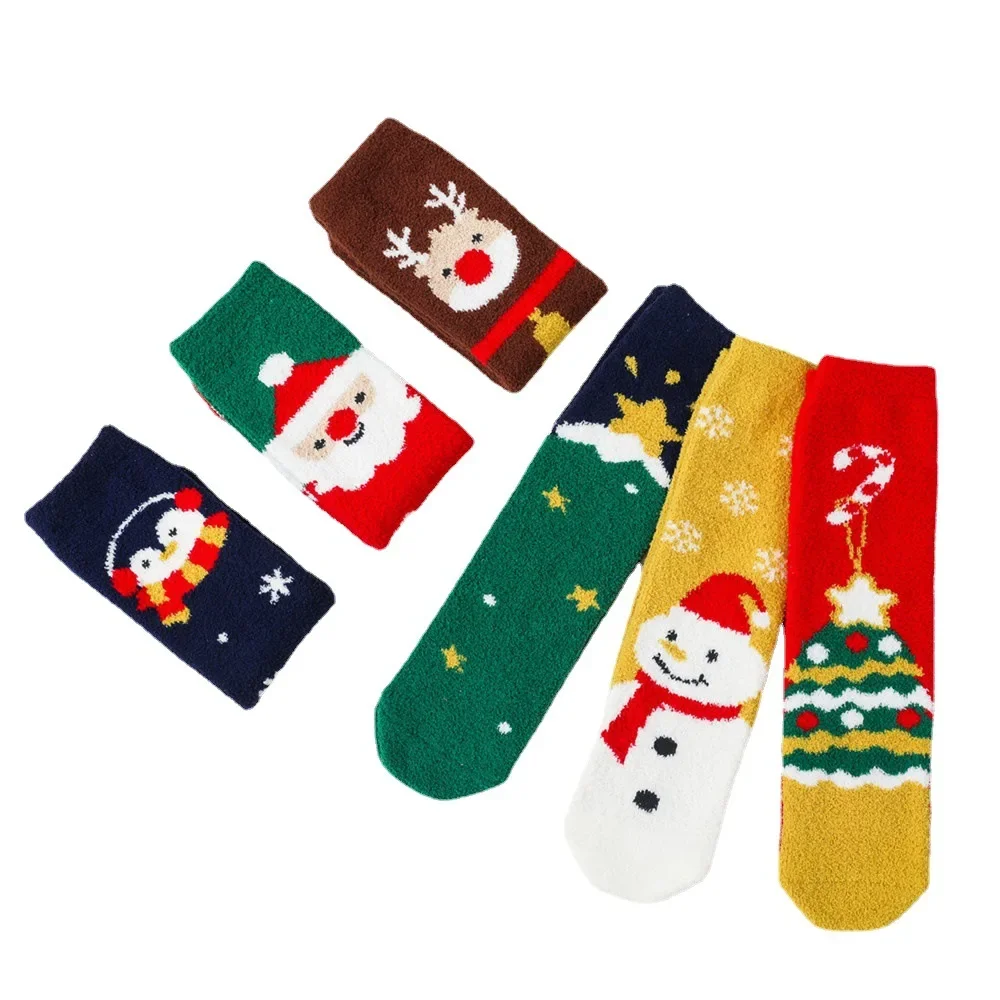 New Baby Kids Christmas Stockings Socks Mid-calf Length Boys Girls Cartoon Santa Snowman Trees Coral Velvet Winter Sock