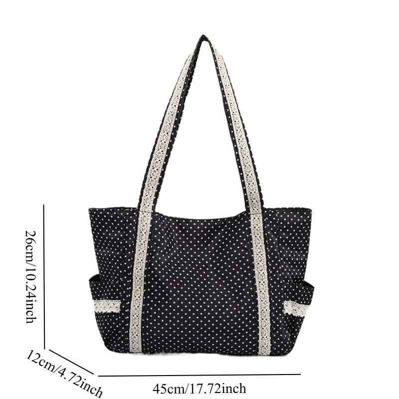 الكورية خمر البولكا نقطة قماش حقيبة كتف المرأة لطيف مقبض الدانتيل حقيبة سعة كبيرة حمل أكياس التخزين عادية ومتعددة الاستخدامات #6