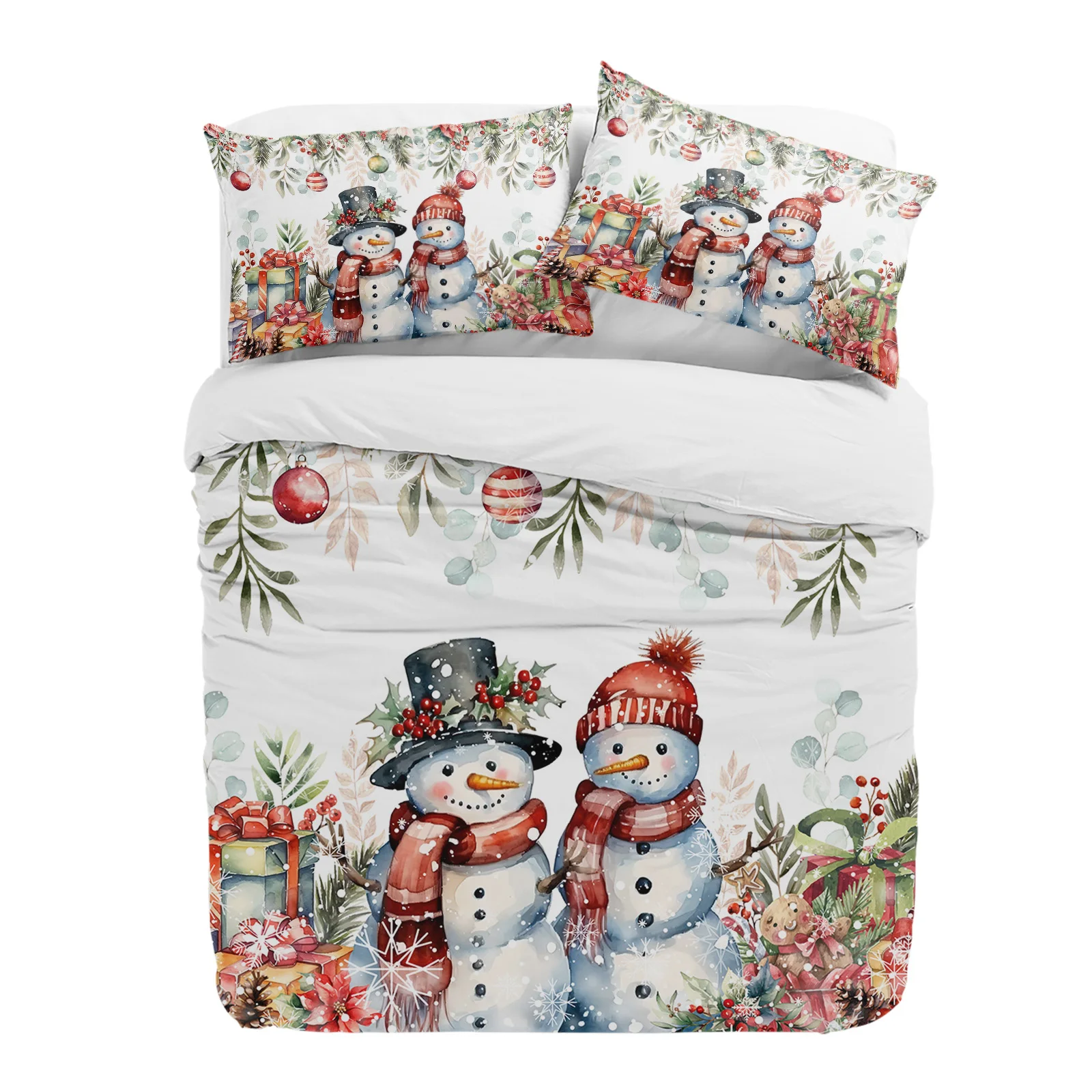 Christmas Poinsettia Ball Fir Leaves Snowman 3pcs Bedding Set For Double Bed Home Textile Duvet Cover Quilt Cover Pillowcase