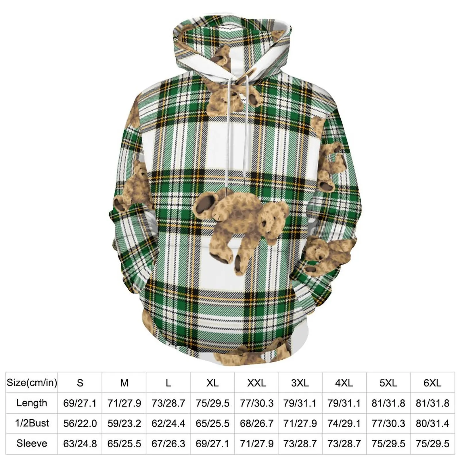 Cartoon Bear Casual Hoodies Long Sleeve Retro Plaid Print Kawaii Hoodie Spring Streetwear Custom Oversized Tops