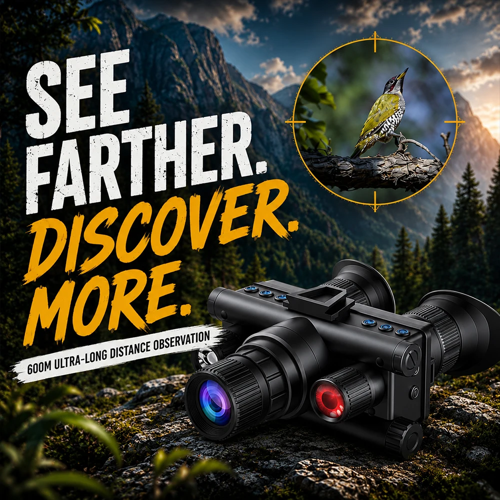 OHB-R5 Digital Binoculars 1080P HD Night Vision 600M Long Range Hunting with IR & Tacticle Flashlight Head Mounted Video