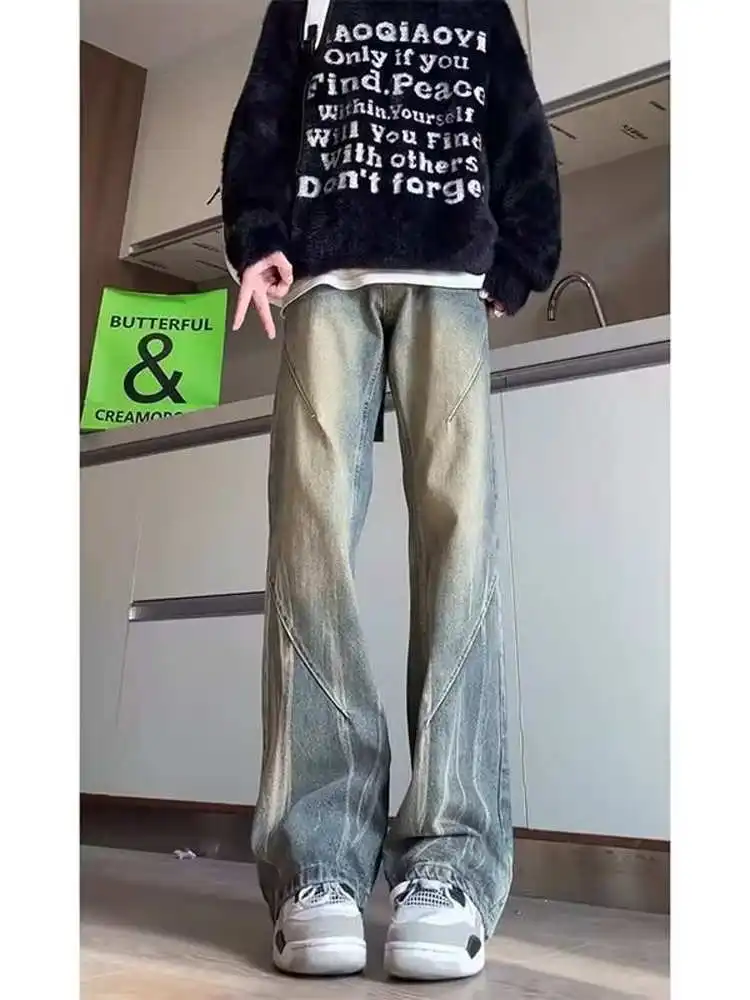 

Мужские джинсы с высокой талией, прямые, с эффектом тай-дай, в американском стиле, цвета желтой грязи, зауженные, повседневные, молодежные, модные