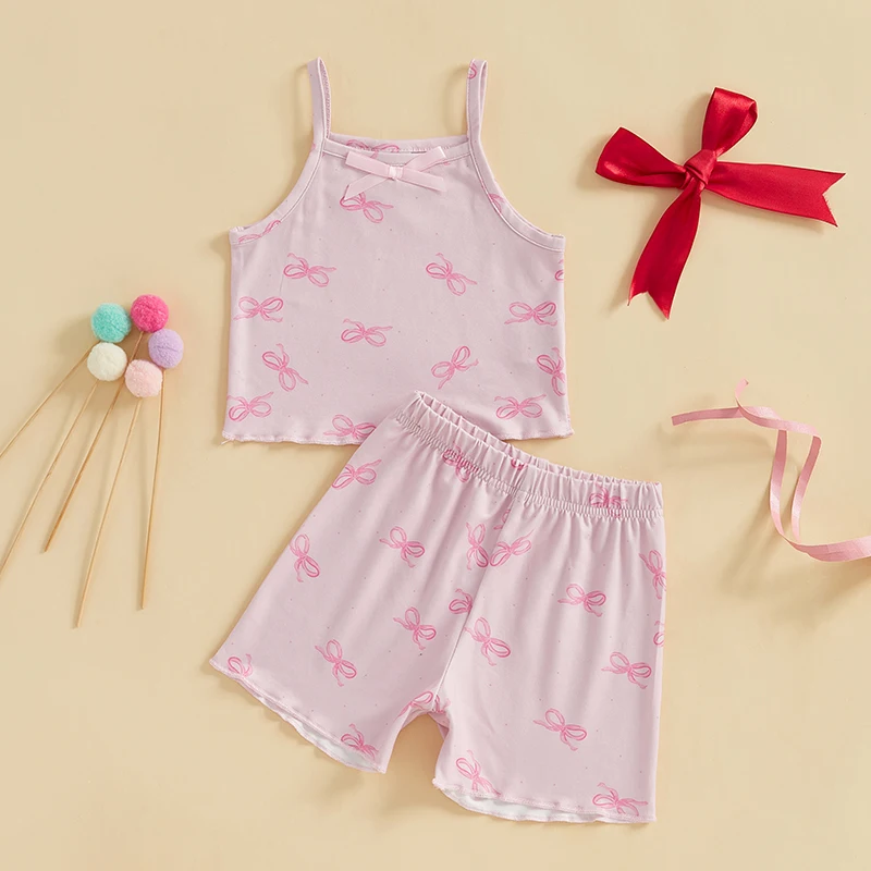 Adorable Baby Girls Summer Outfits with Square Neck Sleeveless Bow Pattern Camisole Tops and Elastic Waist Shorts - Fashionable