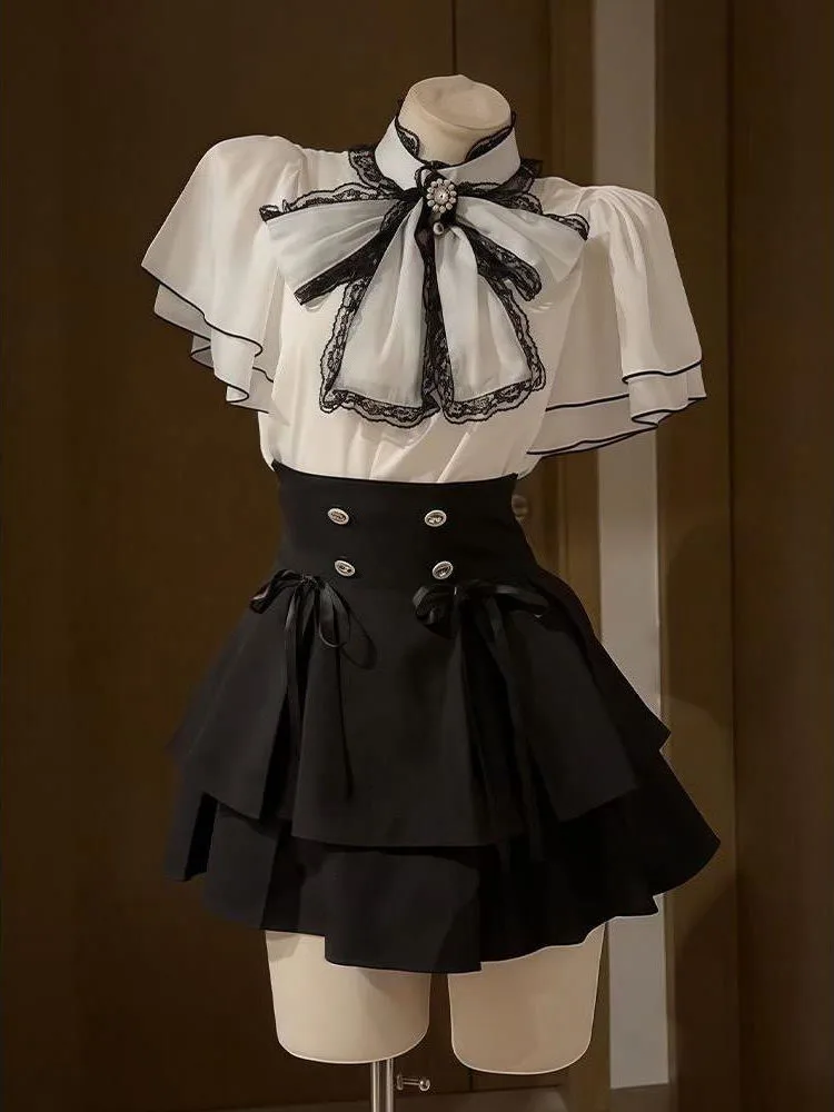 

Japanese Y2k Aesthetic Lolita Style Skirt Set Women Korean Elegant Bow Chiffon Blouse Tops Mini Skirts Female Gothic Outfits