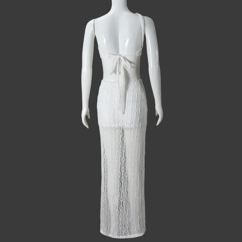 Vestidos femininos 2025 verão moda nova irregular sexy elegante oco para fora sem costas perspectiva dupla camada férias vestido longo