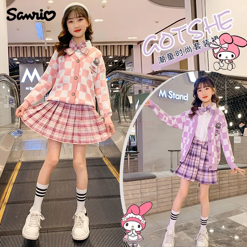 Sanrio My Melody Anime Spring Short Skirt Sweater Kawaii Cartoon JK Coat Girls Knitted Cardigan Preppy Style Cute Costumes Gifts