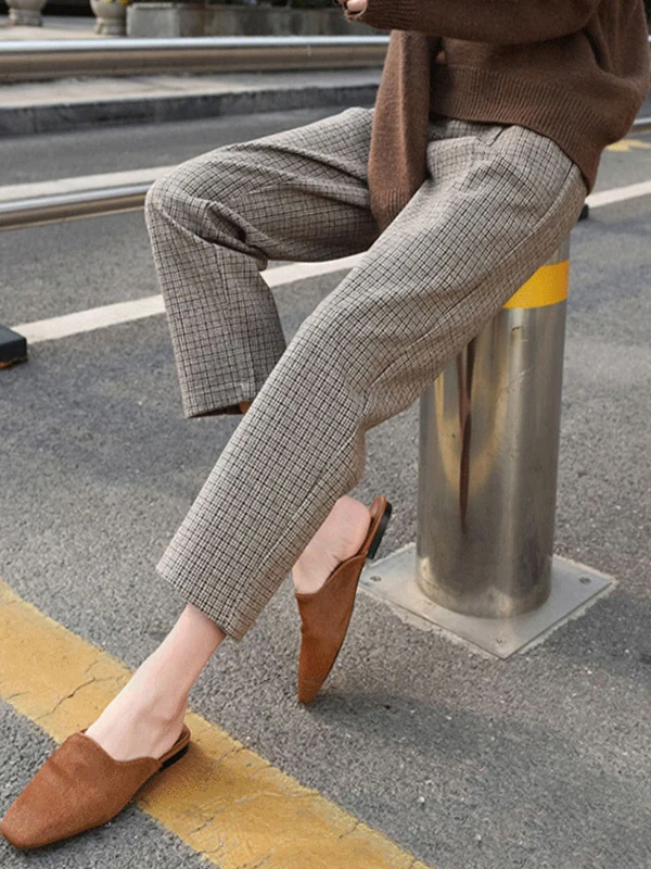 Calças Harem de Cintura Alta Femininas em Lã Xadrez, Calças Casuais Estilo Coreano para Outono e Inverno