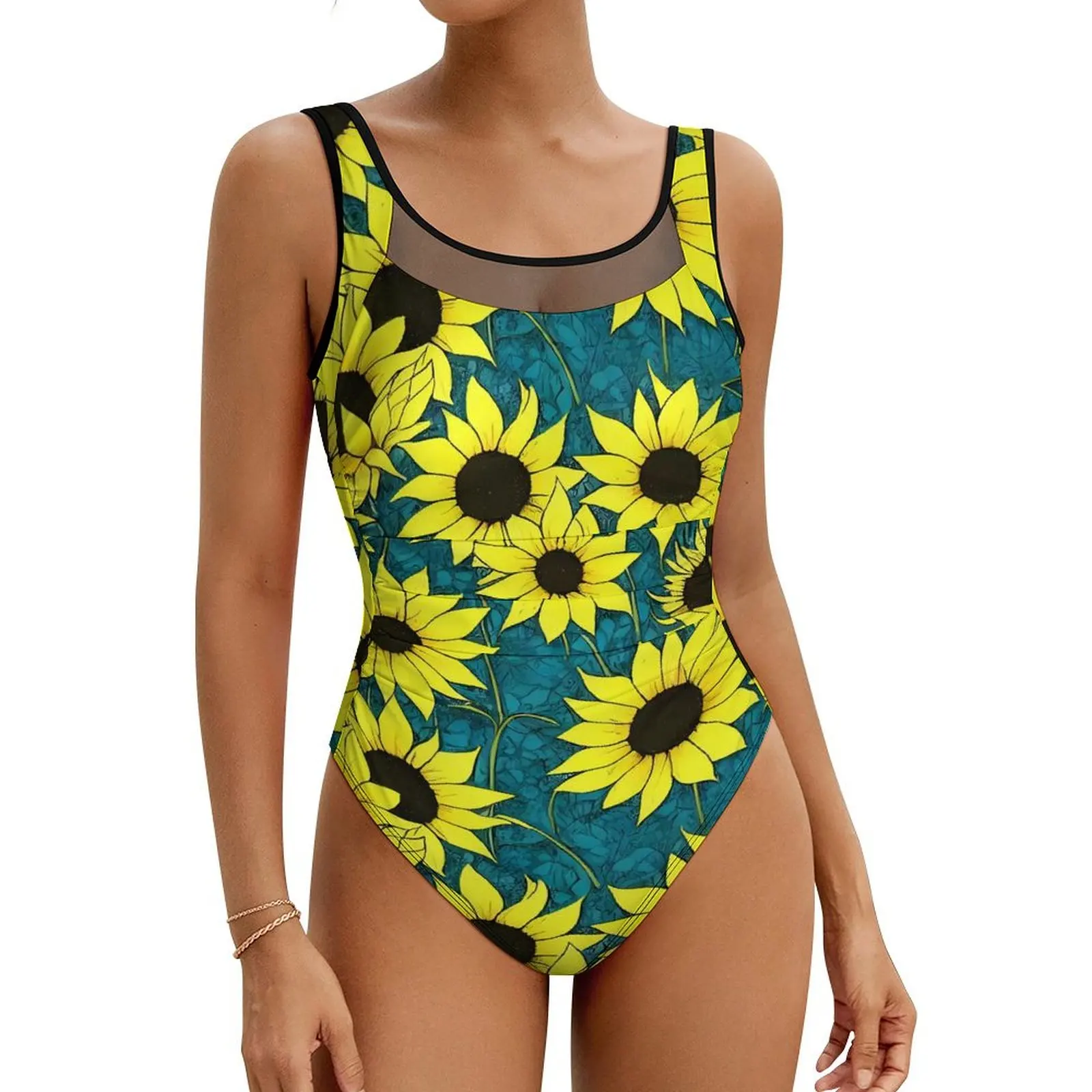 

Sunflower Print Swimsuit Yellow Flowers Push Up Swimwear One Piece Fitness Bathing Suit Bodysuit Graphic Beachwear Plus Size