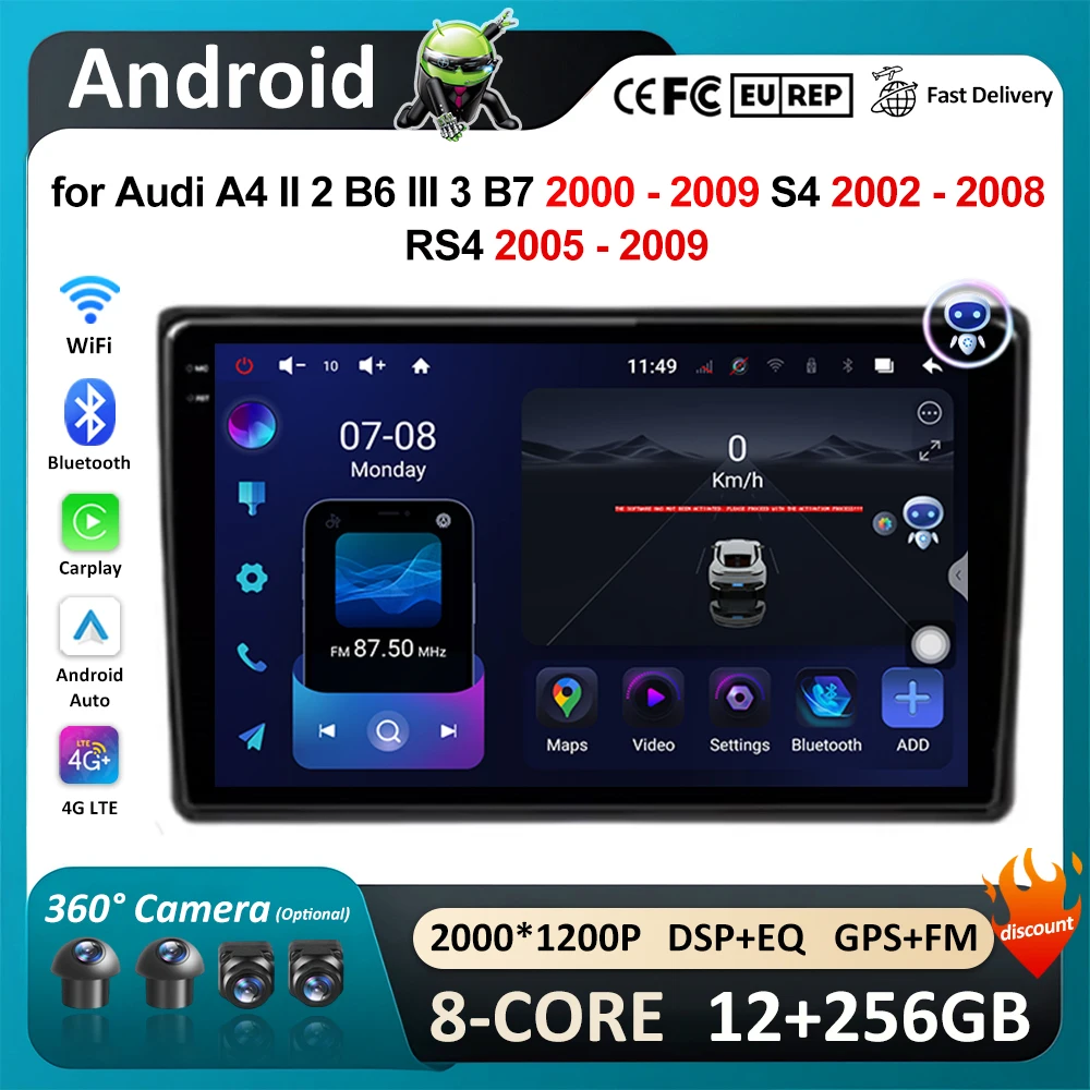 Car Radio Multimedia Player for Audi A4 II 2 B6 III 3 B7 2000 - 2009 S4 2002 - 2008 RS4 2005 - 2009  Android HD Screen Head Unit