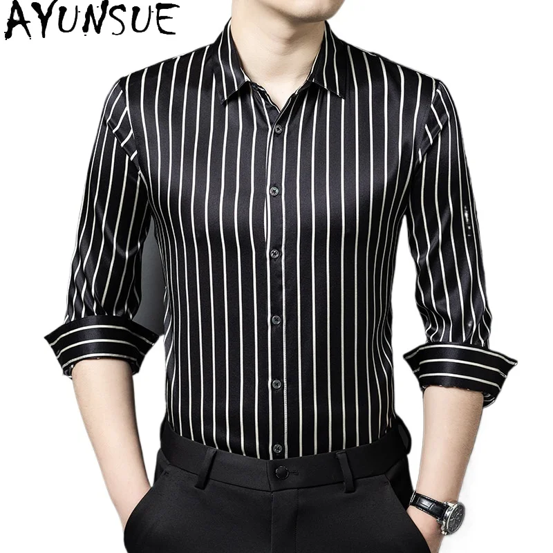

Мужские рубашки AYUNSUE из 93% шелка тутового шелкопряда и 7% спандекса, весна 2026, с длинным рукавом, модные полосатые топы, повседневная рубашка, мужская одежда