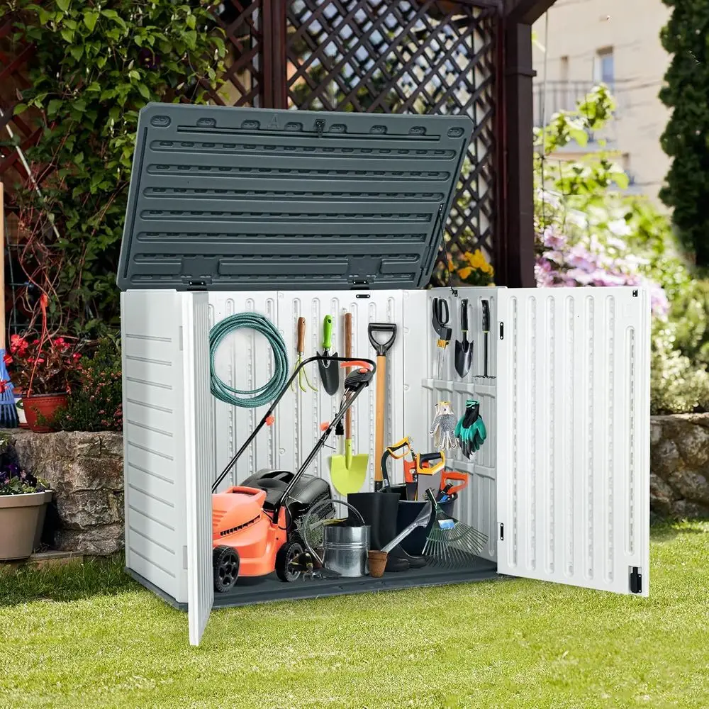 

39 Tall Lockable Waterproof Horizontal Storage Shed, Light Gray, Ideal for Outdoor Tools and Garden Equipment