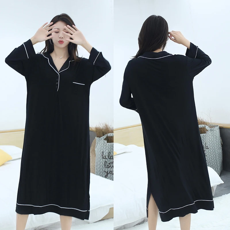 Spring Autumn Modal Nightgown Sleepwear Fashion Flip Collar Shirt Long Nightdress Loose Casual Oversize Nightwear Home Clothes