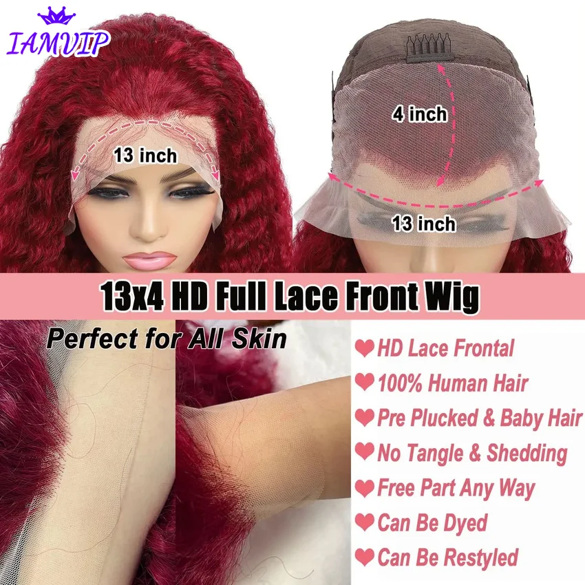 13x4 13x6 Hd Transparent Lace Frontal Wigs Human Hair For Black Women Deep Remy Human Hair 99j Burgundy Lace Wig Pre Plucked