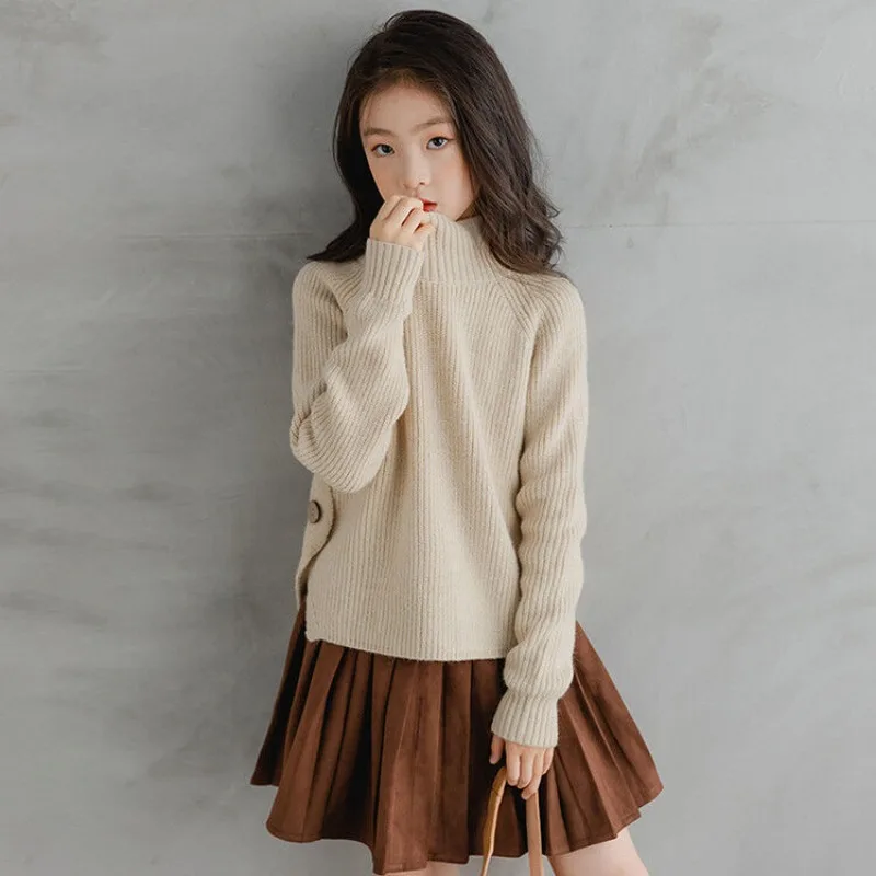 

Autumn Winter Kids Sweater Thickened Warm Knitwear Half-Neck Ruched Design Thickened Thermal Base Layer for Big Girls