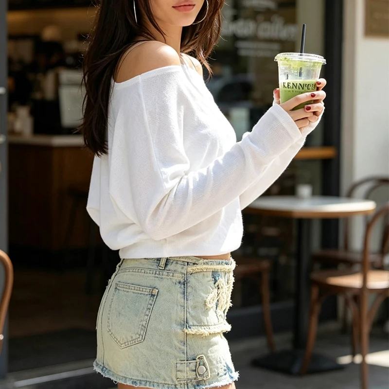 Women Off Shoulder Batwing Long Sleeve Top Solid Loose Draped Slant Neck Casual Blouse Y2K Going Out Slim Cropped Tee