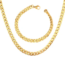 Gold Silver Color Stainless Steel 7mm Cuban Link Chain Bracelets Necklace For Women Men Fashion Party Wedding Jewelry Sets Gifts