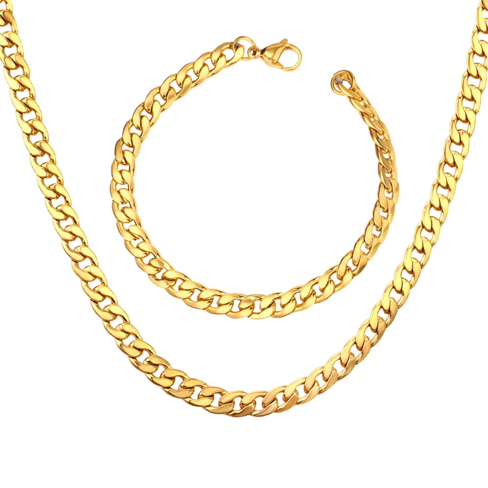 Gold Silver Color Stainless Steel 7mm Cuban Link Chain Bracelets Necklace For Women Men Fashion Party Wedding Jewelry Sets Gifts
