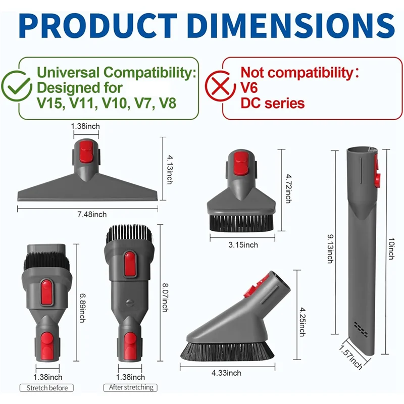 A24P For Dyson V15 V11 V10 V7 V8 Vacuum Cleaner Parts Flexible Extension Hose Mattress Tool Stiff Brush Soft Bristle Attachment