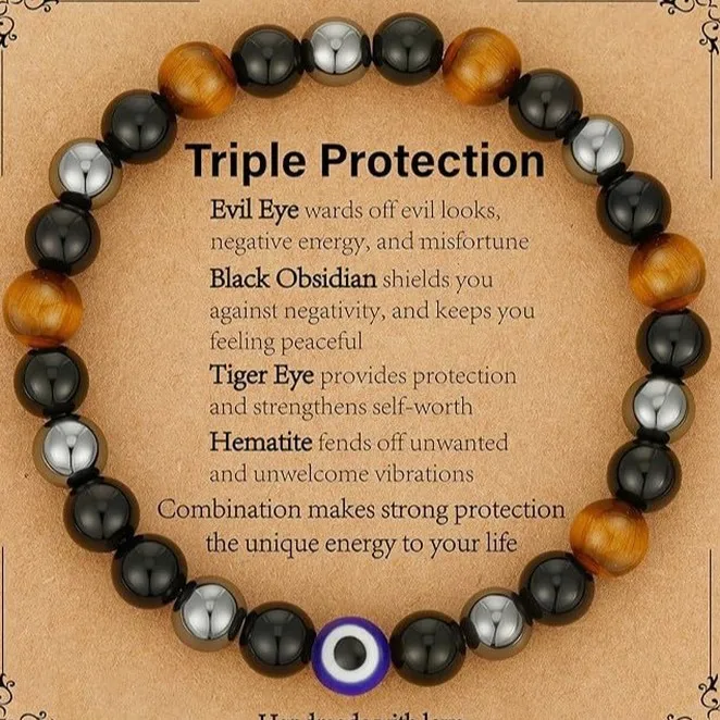 Handmade Adjustable Bracelet Obsidian Magnet Tiger Eye & Yellow Tiger Eye Flat Knot Braided Triple Protection