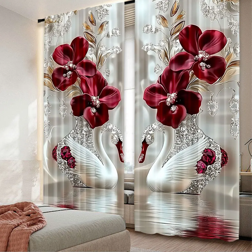 

2Pcs Stylish Floral And Swan Printed Curtains Elegant Curtains Suitable For Bedroom Bathroom Living Room Dining Room Kitchen