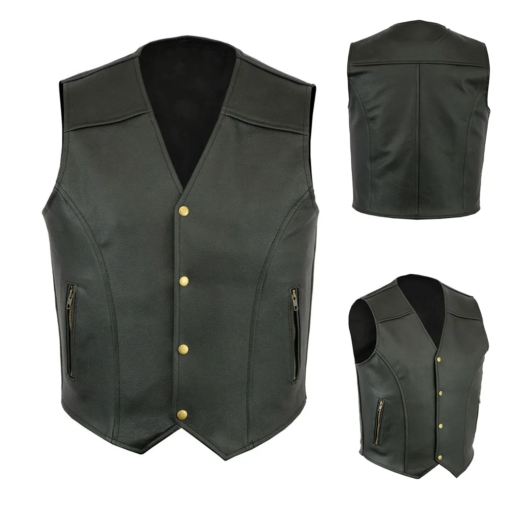 Mens Vest Classic PU Leather Men's Biker Vest with Zip Pockets Perfect for Riding Clubs and Vintage Style Lovers