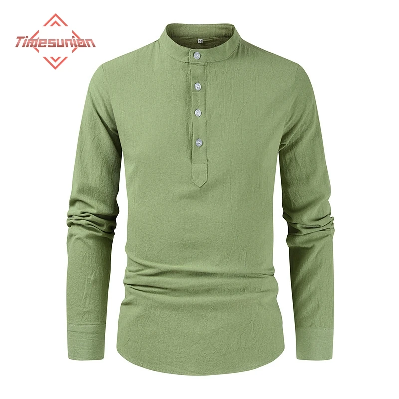 

New Foreign Trade Cotton Linen Shirt Men New Leisure Fashion European Size Solid Long Sleeve Henry Collar Linen Collar Shirt