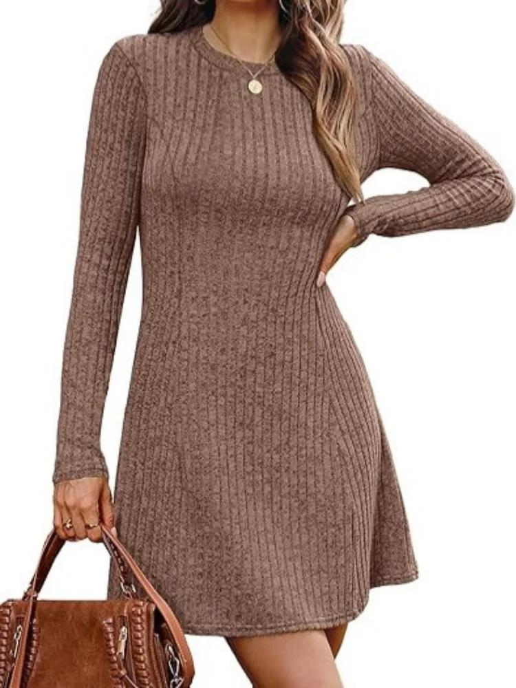 2026 New Autumn Winter Women Ribbed Brushed Midi Dress Long Sleeve Knit Sweater Dress Waist Slim Elegant Ladies Casual Outfit