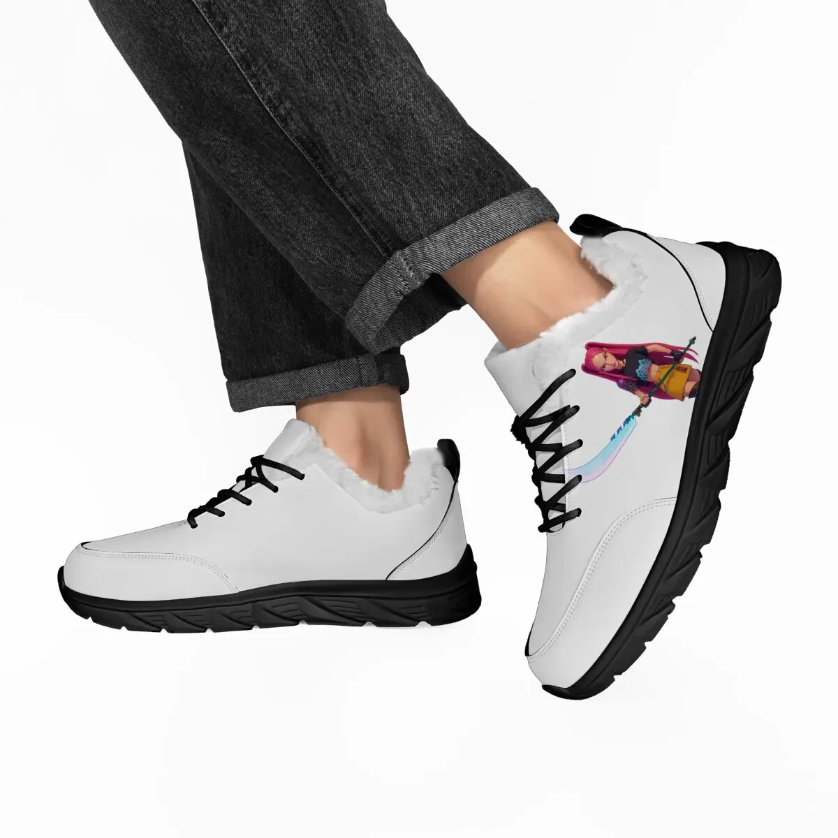 Sepatu Pria Sepatu Kets Berlapis Bulu Putih Modis dengan Pola Gadis Anime Sepatu Lari Pria Sepatu Flat Latihan Jalan Luar Ruangan