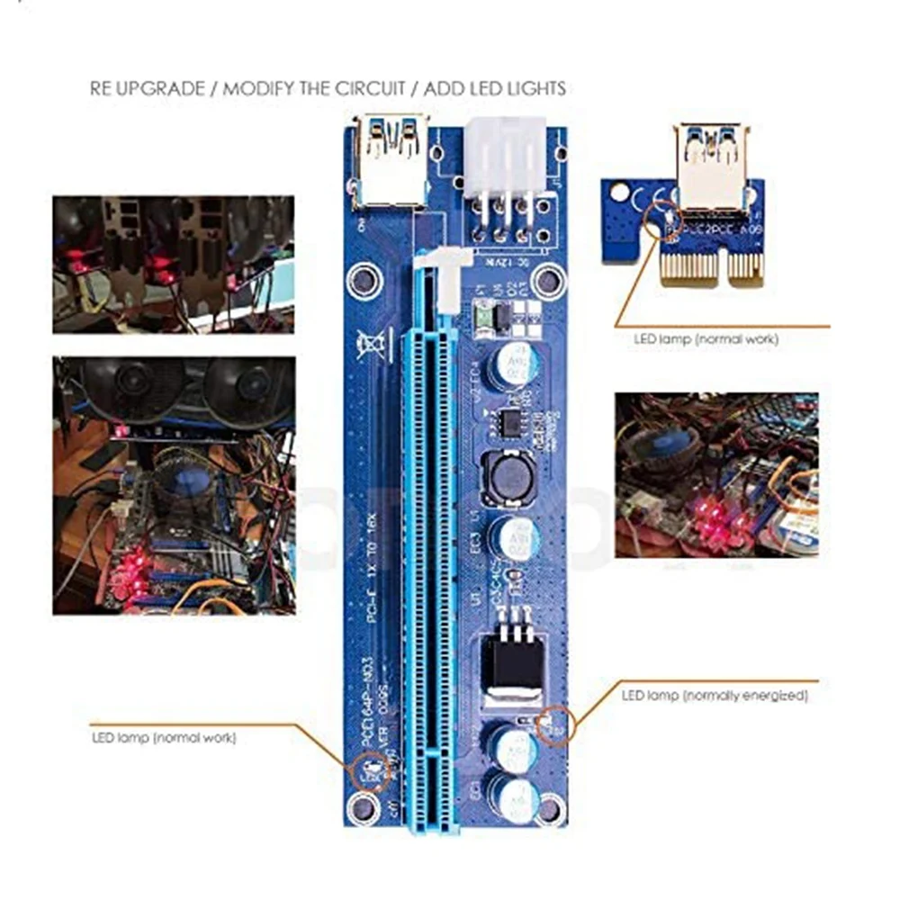 Version 009S Gold PCI-E 1X to 16X USB 3.0 Extender Riser Adapter Card 6 PIN Power GPU Board 3 LED Bitcoin Litecoin