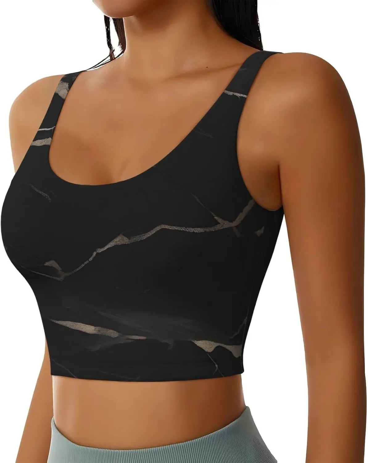 여성용 로우 칼라 스포츠 브라 신축성있는 스포츠 조끼 요가 탱크 탑 탑 셔츠 검정색 질감 대리석 패턴