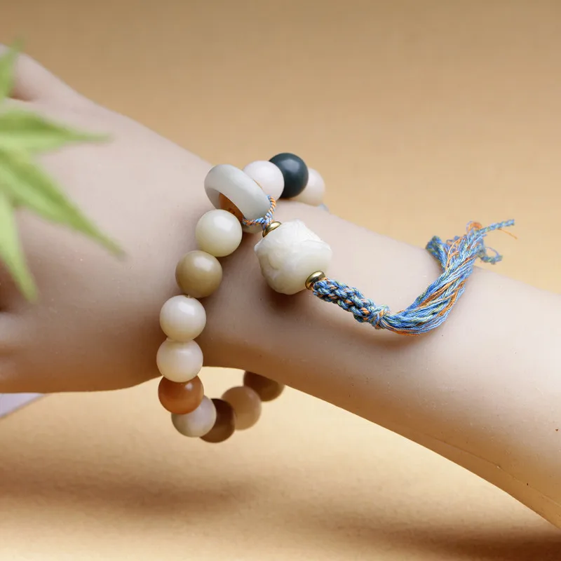 

Chinese Style Stone Bracelet Couple Simple Single Circle Tassel Beads Zen Style Wooden Artistic Style Trendy Women's Jewelry