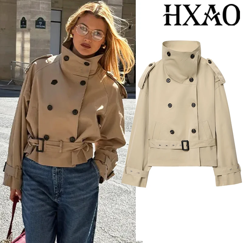 

HXAO женская ветровка, демисезонный укороченный плащ, женский пояс с длинными рукавами, новая куртка, двубортный короткий плащ