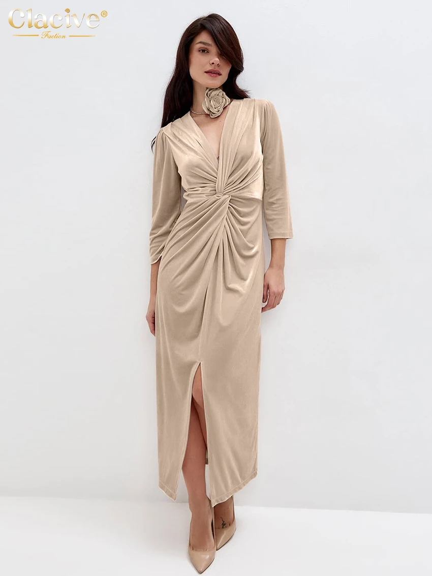 

Clacive Sexy Loose Khaki Women's Dress 2026 Fashion V-Neck Long Sleeve Ankle Length Dresses Elegant Classic Ruched Female Dress