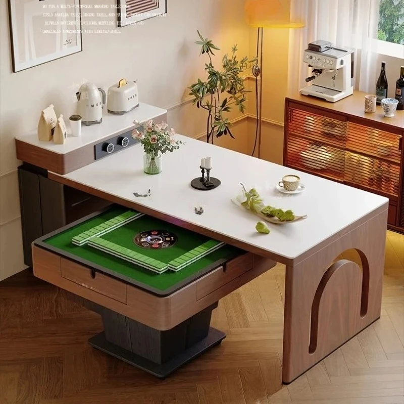 

Medieval Walnut Rock Slab Dining Table Integrated Household Automatic Lifting Mahjong Table