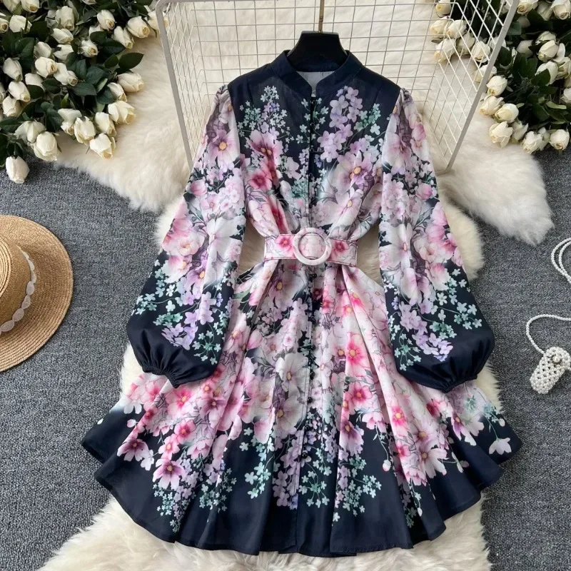 Stand Collar Single Breasted Lantern Sleeve Casual Dress Belt Slim Waist Big Swing Robe Fresh Floral Print Vintage Vestidos