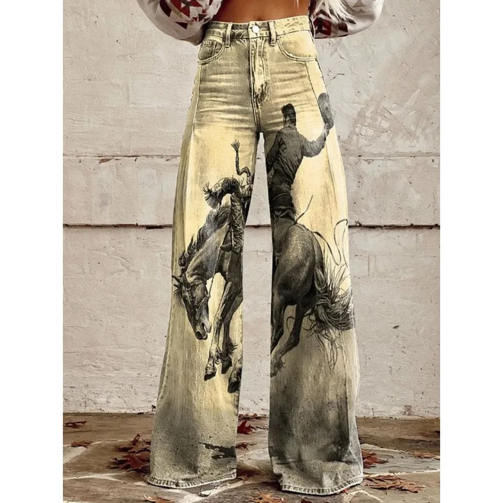 Damenhose mit Folk-Art-Print, hoher Taille und weitem Bein, Boho-Freizeithose, farbenfrohe, bequeme, locker sitzende Hose für den Alltag – Detail 9