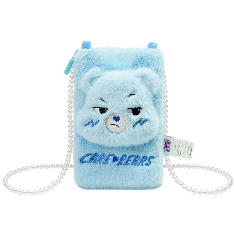 Care Bears Cartoon Plush Phone Bag Purse Kawaii Small Soft Shoulder Bag With Pearl Chain Girls Bear Plush Bags