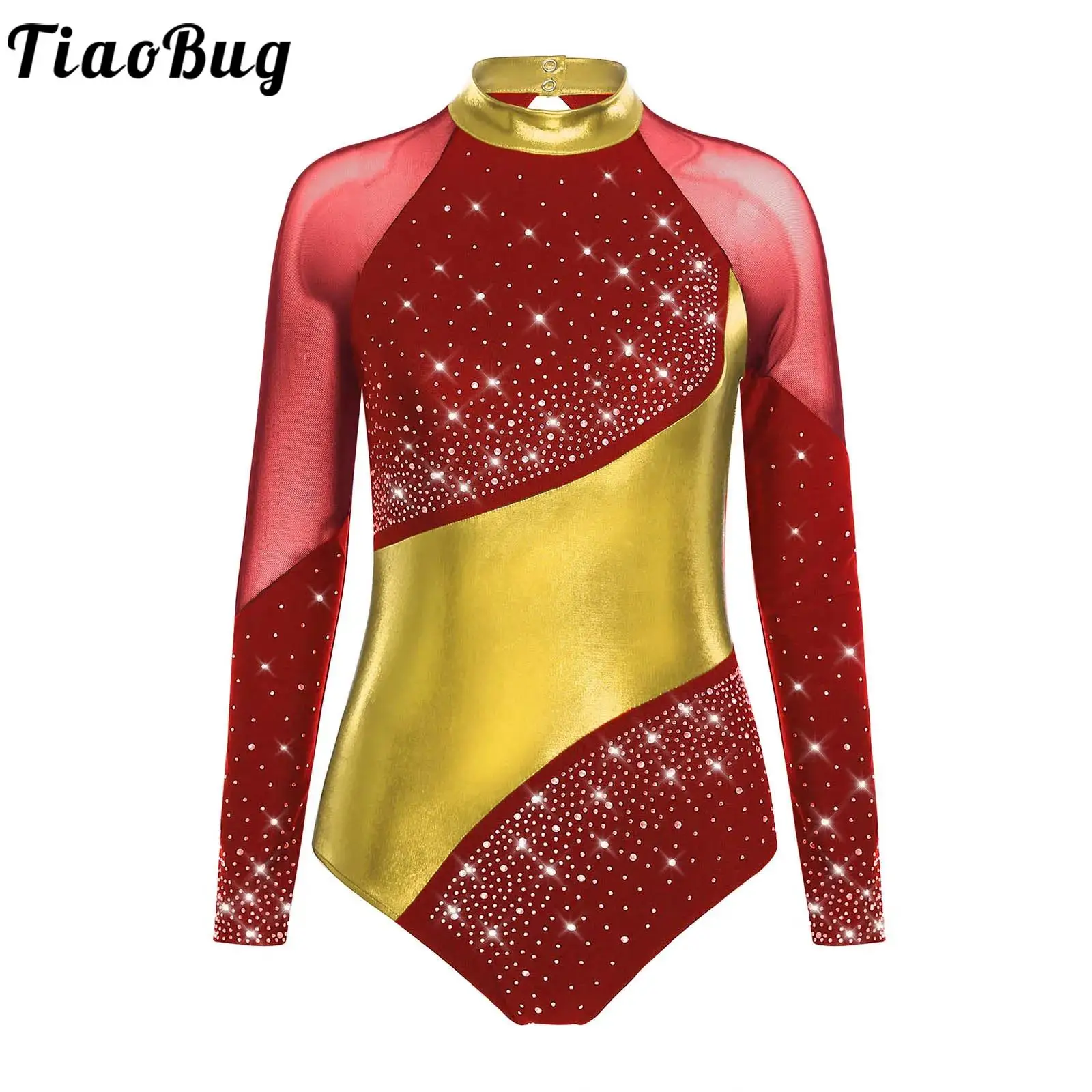 

Women Color Block Dance Leotard Ballet Gymnastics Figure Skating Costumes Mesh Long Sleeve Keyhole Back Rhinestones Bodysuit