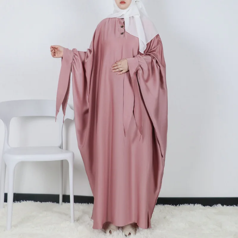 

Oversized Prayer Abaya Dress Bat Balloon Sleeve with Ribbon Eid Turkish Dresses Dubai Women Muslim Robe Ramadan Islam Clothing