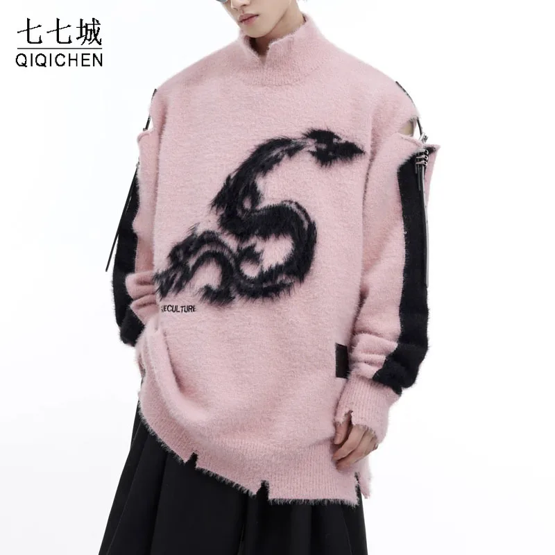 High Street Sweaters Men Hollow Belt Buckle Design Knitted Pullover Oversized Sweater Spring O-neck Jumpers Unisex Streetwear