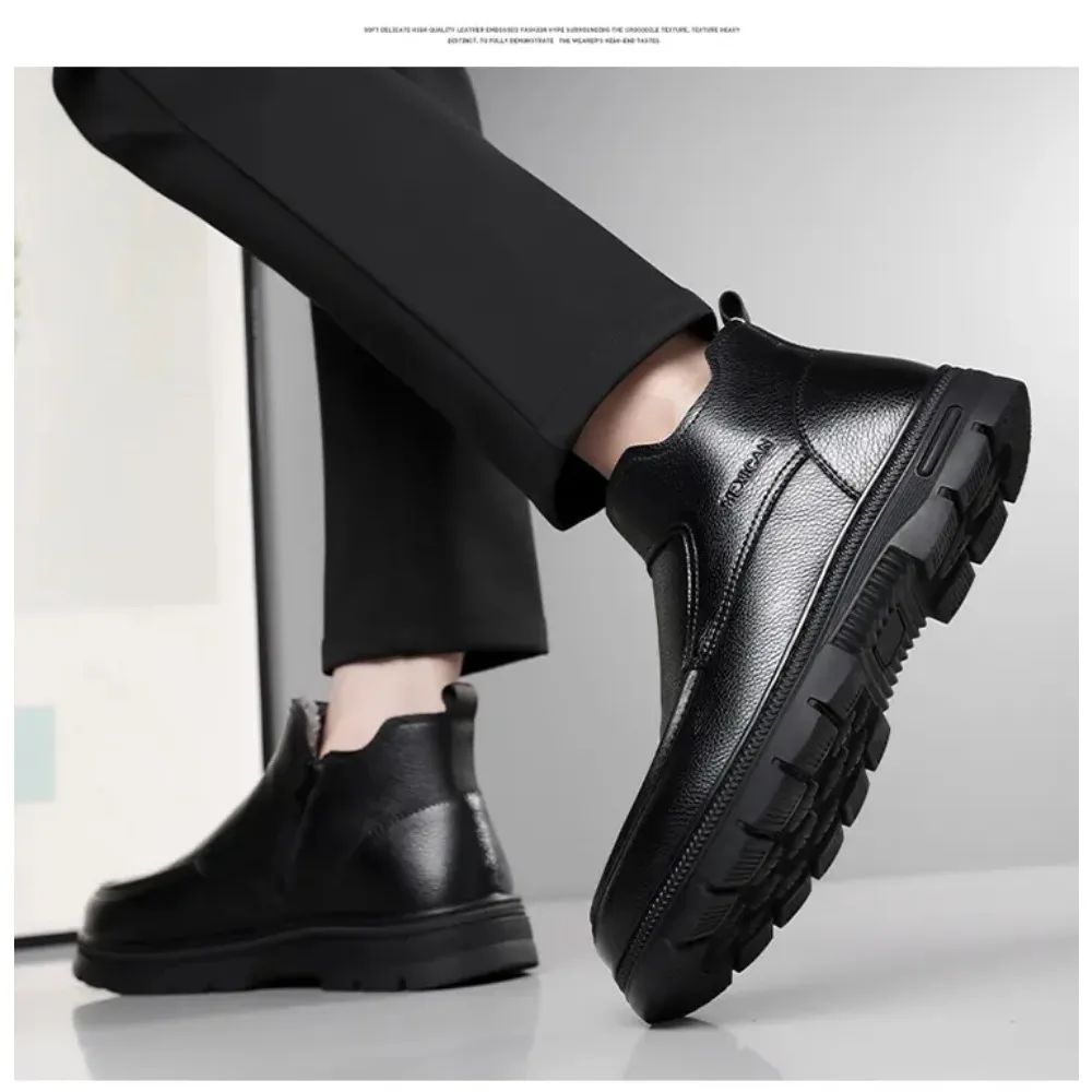 

2026 Cold Winter Men Genuine Leather Boots Quality Thick Wool Warm Snow Boots Outdoor Waterproof Rubber Fur Climbing Shoes