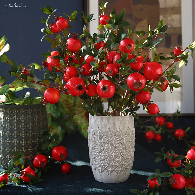 SunMade Vivid 6 Heads Pomegranate Fruit Branch with Leaves Artificial Plants Photography Props Fake Fruits Flores Artificales