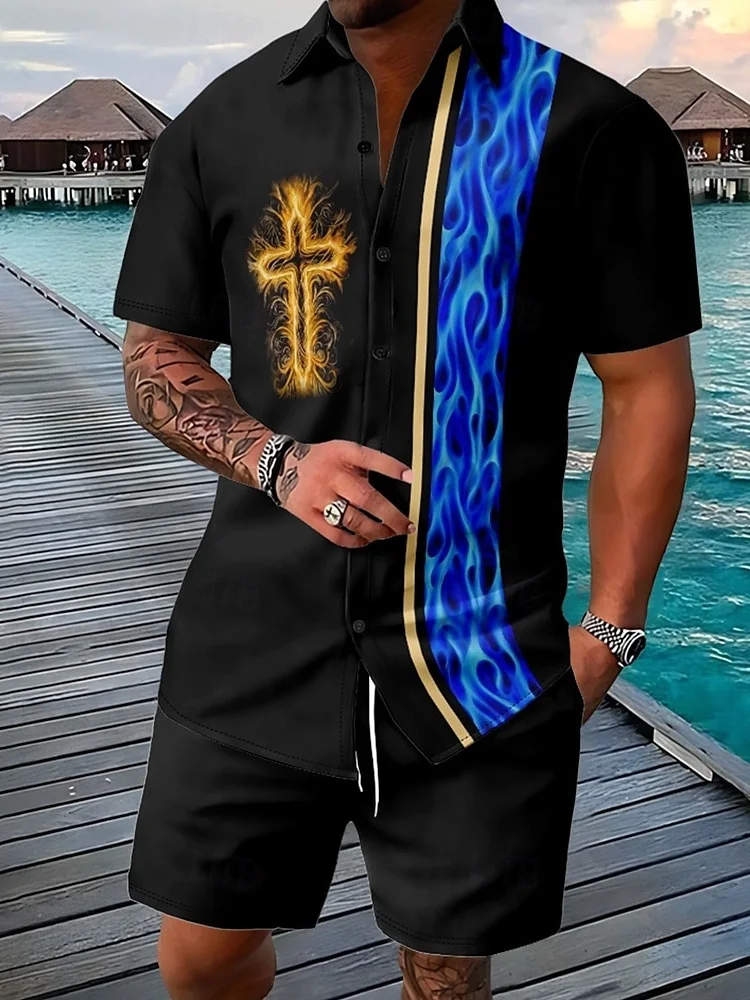 Style Streetwear 3D Cross-shaped Print Men's Casual Shirt And Beach Shorts Set Summer Daily Fashionable Mens Short-sleeved Shirt - Image 5
